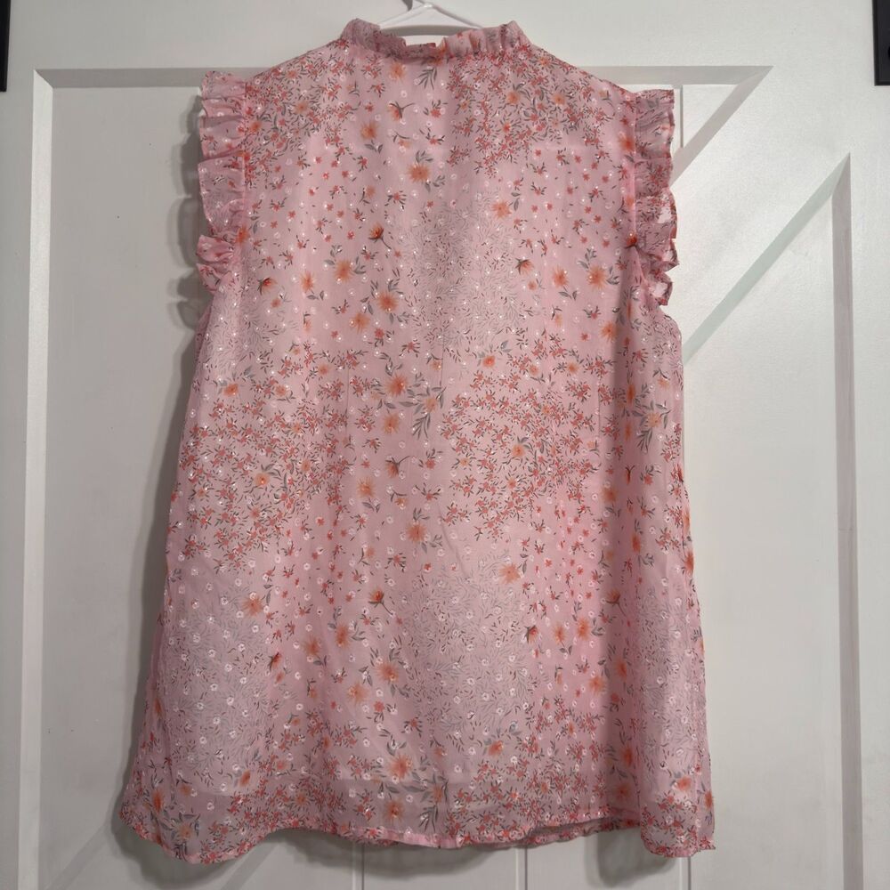 Women’s Pink Sleeveless Sheer Floral Ruffle Tie Neck Blouse Top Size Small - Picture 13 of 13